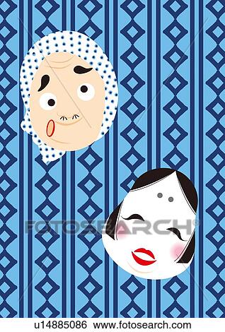 Stock Illustration - Japanese Masks, Painting, Illustration, Illustrative Technique. Fotosearch