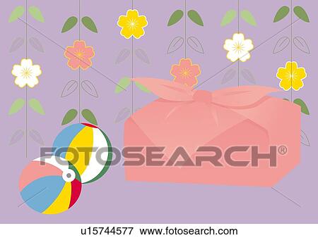 Stock Illustration - Japanese Paper Balloons and Wrapped Gift, Painting, Illustration, Illustrative Technique. Fotosearch