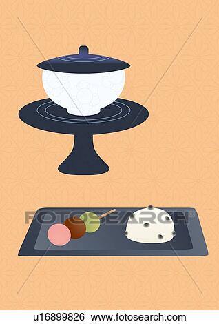 Stock Illustration - Japanese Tea and Sweets, Painting, Illustration, Illustrative Technique. Fotosearch