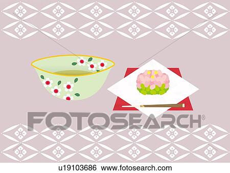 Stock Illustration - Japanese Tea and Sweets, Painting, Illustration, Illustrative Technique. Fotosearch