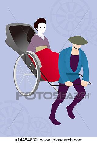 Man pulling Woman on Rickshaw, Painting, Illustration, Illustrative Technique, Side View View Large Illustration Drawing - Man pulling Woman on Rickshaw, Painting, Illustration, Illustrative Technique, Side View. Fotosearch