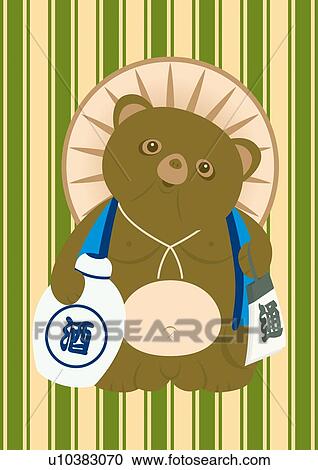 Clipart - Pottery Statue of Japanese Raccoon Dog, Japanese, Painting, Illustration, Illustrative Technique. Fotosearch