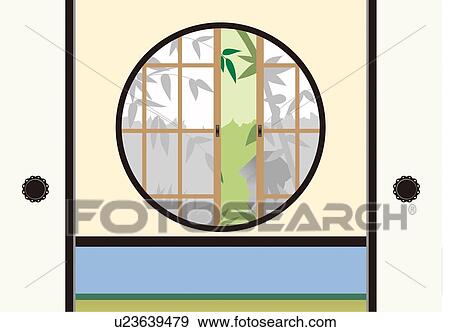 Stock Illustration - Round Window and Japanese Room, Painting, Illustration, Illustrative Technique. Fotosearch