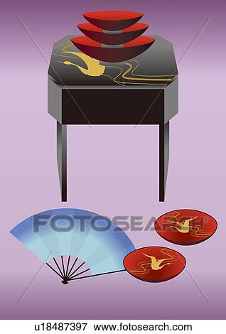 Stock Illustration - Sake Cups and Japanese Fan, Painting, Illustration, Illustrative Technique. Fotosearch