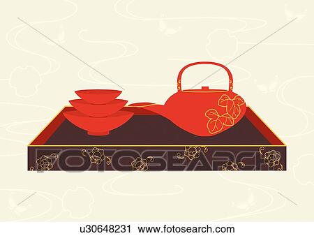 Clip Art - Sake Pot and Cups, Painting, Illustration, Illustrative Technique. Fotosearch