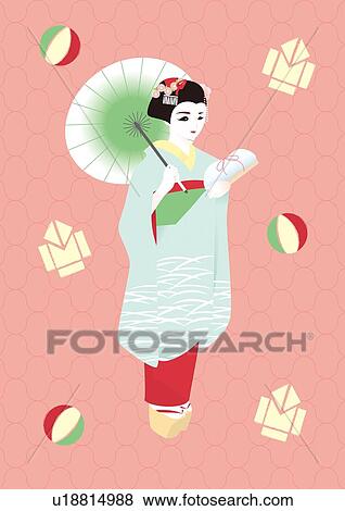 Stock Illustration - Woman in Kimono, Painting, Illustration, Illustrative Technique, Side View. Fotosearch