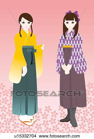 Stock Illustration - Women in Furisode, Painting, Illustration, Illustrative Technique, Front View. Fotosearch