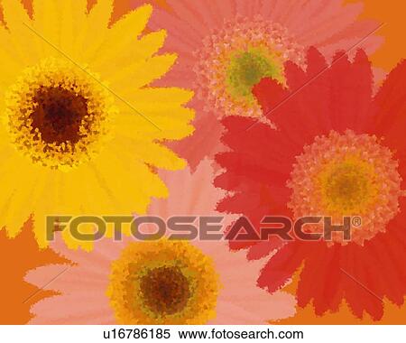 Stock Illustration - Closed Up Image of Four Different-colored Gerberas, Illustration, Illustrative Technique. Fotosearch