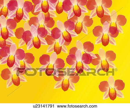 Clip Art - Closed Up Image of Several Red-colored Orchids on a Yellow Surface, Illustration, Illustrative Technique. Fotosearch