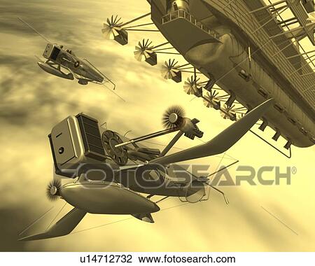 Aircrafts, Illustration, CG, 3D, Sepia, Low Angle View View Large Illustration Drawing - Aircrafts, Illustration, CG, 3D, Sepia, Low Angle View. Fotosearch