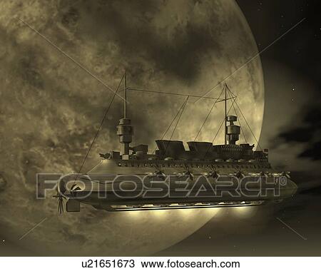 Drawing - Airship, Illustration, CG, 3D, Sepia, Low Angle View. Fotosearch
