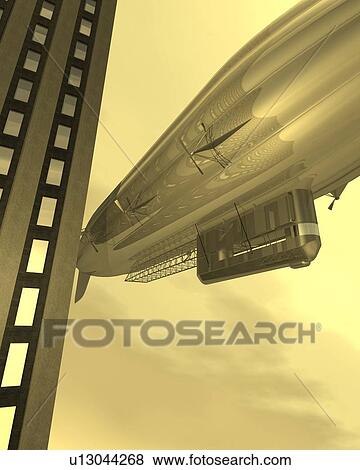 Stock Illustration - Airship, Illustration, CG, 3D, Sepia, Low Angle View. Fotosearch