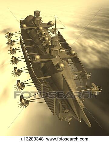 Stock Illustration - Airship, Illustration, CG, 3D, Sepia, High Angle View. Fotosearch