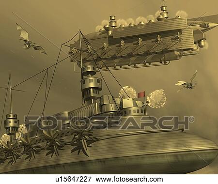 Airship, Illustration, CG, 3D, Sepia, Low Angle View View Large Illustration Stock Illustration - Airship, Illustration, CG, 3D, Sepia, Low Angle View. Fotosearch