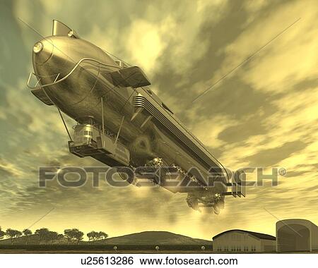 Airship, Illustration, CG, 3D, Sepia, Low Angle View View Large Illustration Stock Illustration - Airship, Illustration, CG, 3D, Sepia, Low Angle View. Fotosearch