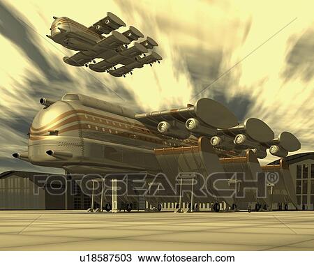 Airships, Illustration, CG, 3D, Sepia, Low Angle View View Large Illustration Drawing - Airships, Illustration, CG, 3D, Sepia, Low Angle View. Fotosearch