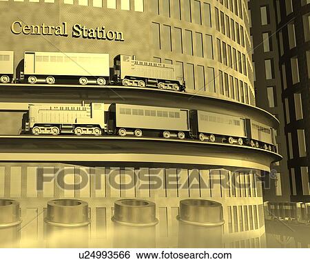 Stock Illustration - Central Station, Illustration, CG, 3D, Sepia, Low Angle View. Fotosearch