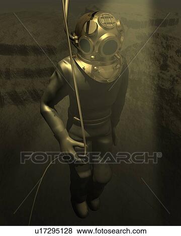 Diver, Illustration, CG, 3D, Sepia, Side View View Large Illustration Stock Illustration - Diver, Illustration, CG, 3D, Sepia, Side View. Fotosearch