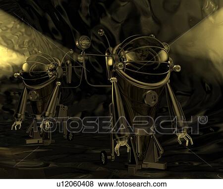 Exploring Robots, Illustration, CG, 3D, Sepia, Close Up View Large Illustration Stock Illustration - Exploring Robots, Illustration, CG, 3D, Sepia, Close Up. Fotosearch