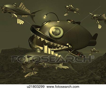 Stock Illustration - Fish Robots, Illustration, CG, 3D, Sepia, Close Up. Fotosearch