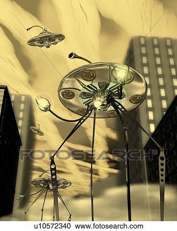 Flying Disks, Illustration, CG, 3D, Sepia, Low Angle View View Large Illustration Clipart - Flying Disks, Illustration, CG, 3D, Sepia, Low Angle View. Fotosearch