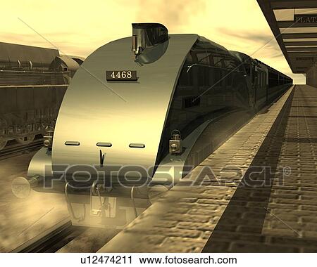 Locomotive, Illustration, CG, 3D, Sepia, Close Up View Large Illustration Clip Art - Locomotive, Illustration, CG, 3D, Sepia, Close Up. Fotosearch