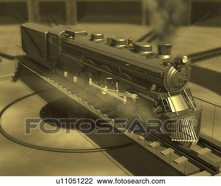 Drawing - Locomotive, Illustration, CG, 3D, Sepia, High Angle View. Fotosearch