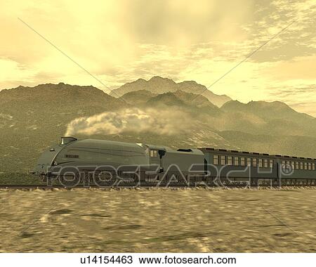 Locomotive, Illustration, CG, 3D, Sepia, Low Angle View View Large Illustration Drawing - Locomotive, Illustration, CG, 3D, Sepia, Low Angle View. Fotosearch
