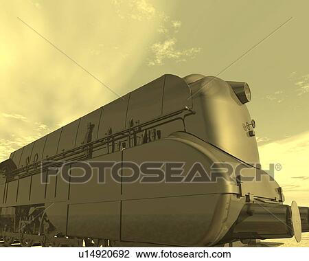 Drawing - Locomotive, Illustration, CG, 3D, Sepia, Low Angle View. Fotosearch
