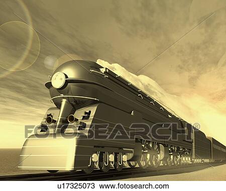 Locomotive, Illustration, CG, 3D, Sepia, Low Angle View, Lens Flare View Large Illustration Drawing - Locomotive, Illustration, CG, 3D, Sepia, Low Angle View, Lens Flare. Fotosearch