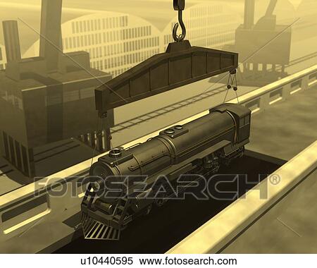 Locomotive, Illustration, CG, 3D, Sepia, High Angle View View Large Illustration Stock Illustration - Locomotive, Illustration, CG, 3D, Sepia, High Angle View. Fotosearch