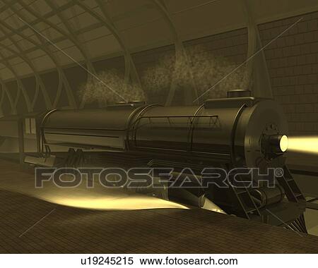 Locomotive, Illustration, CG, 3D, Sepia, Close Up View Large Illustration Stock Illustration - Locomotive, Illustration, CG, 3D, Sepia, Close Up. Fotosearch