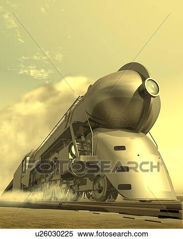 Locomotive, Illustration, CG, 3D, Sepia, Low Angle View View Large Illustration Stock Illustration - Locomotive, Illustration, CG, 3D, Sepia, Low Angle View. Fotosearch