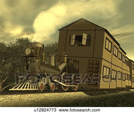 Drawing - Locomotive pulling houses, Illustration, CG, 3D, Sepia, Low Angle View. Fotosearch
