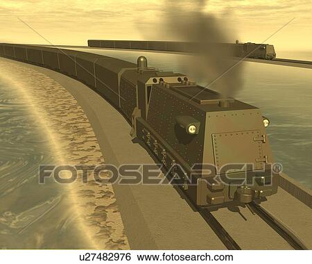 Locomotives, Illustration, CG, 3D, Sepia, High Angle View View Large Illustration Stock Illustration - Locomotives, Illustration, CG, 3D, Sepia, High Angle View. Fotosearch