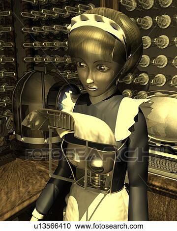 Maid Robot, Illustration, CG, 3D, Sepia, High Angle View View Large Illustration Clipart - Maid Robot, Illustration, CG, 3D, Sepia, High Angle View. Fotosearch