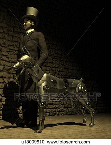 Clipart - Man and Robot Dog, Illustration, CG, 3D, Sepia, Low Angle View. Fotosearch