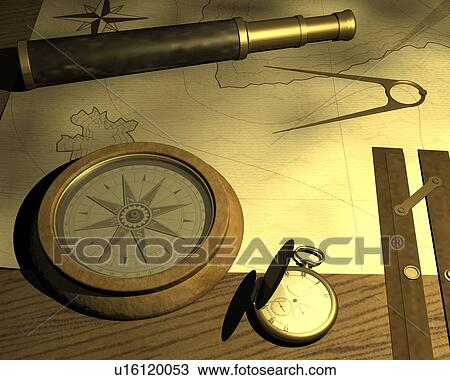 Drawing - Map and Compass, Illustration, CG, 3D, Close Up, High Angle View. Fotosearch