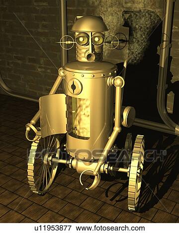 Stock Illustration - Robot, Illustration, CG, 3D, Sepia, High Angle View. Fotosearch