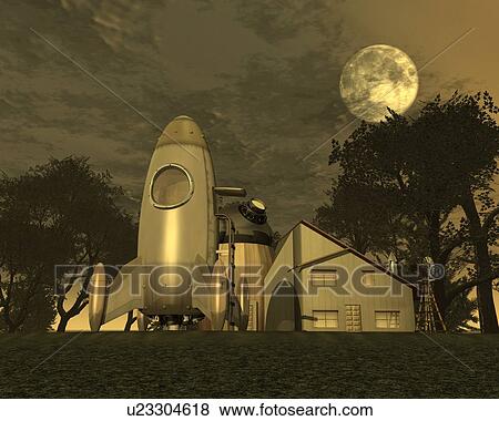 Stock Illustration - Rocket, Illustration, CG, 3D, Sepia, Low Angle View. Fotosearch