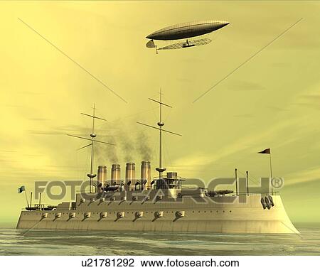 Ship and Airship, Illustration, CG, 3D, Sepia, Low Angle View View Large Illustration Drawing - Ship and Airship, Illustration, CG, 3D, Sepia, Low Angle View. Fotosearch