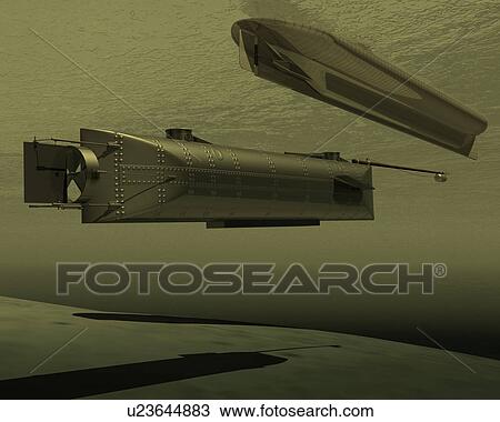 Ship and Submarine, Illustration, CG, 3D, Sepia, Low Angle View View Large Illustration Drawing - Ship and Submarine, Illustration, CG, 3D, Sepia, Low Angle View. Fotosearch