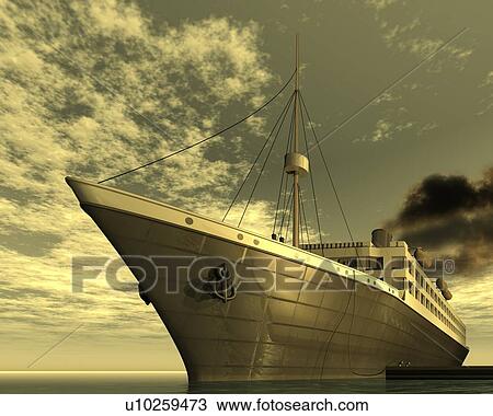 Drawing - Ship, Illustration, CG, 3D, Sepia, Low Angle View. Fotosearch