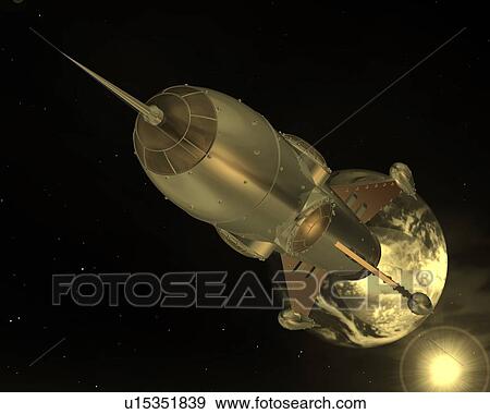Stock Illustration - Spacecraft, Illustration, CG, 3D, Sepia, Close Up, Lens Flare. Fotosearch