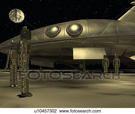Drawing - Spaceship, Illustration, CG, 3D, Sepia, Low Angle View. Fotosearch