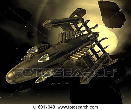 Stock Illustration - Spaceship, Illustration, CG, 3D, Sepia, Close Up. Fotosearch