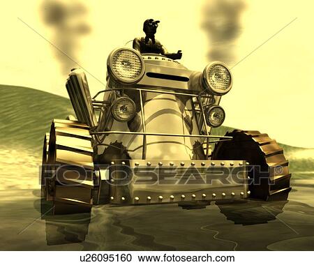Clipart - Steam Tank, Illustration, CG, 3D, Sepia, Low Angle View. Fotosearch