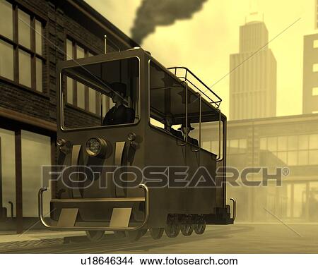 Stock Illustration - Steam Train, Illustration, CG, 3D, Sepia, Low Angle View. Fotosearch