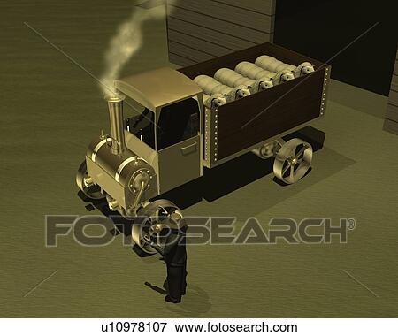 Steam Truck, Illustration, CG, 3D, Sepia, High Angle View View Large Illustration Stock Illustration - Steam Truck, Illustration, CG, 3D, Sepia, High Angle View. Fotosearch