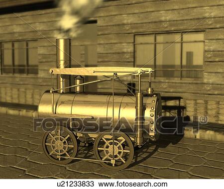 Drawing - Steam Vehicle, Illustration, CG, 3D, Sepia, Side View. Fotosearch